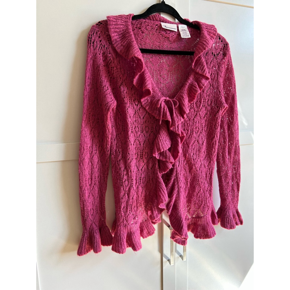 Vintage Y2K Romantic Style Announcements Cardigan - L Pink Ruffle Knit Sweater